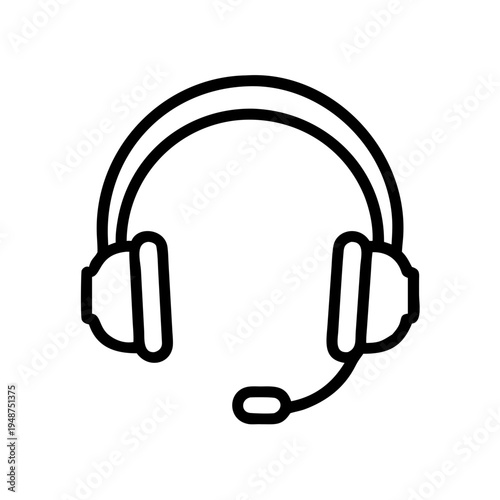 Black outline icon featuring a pair of modern over ear headphones equipped with a swivel microphone