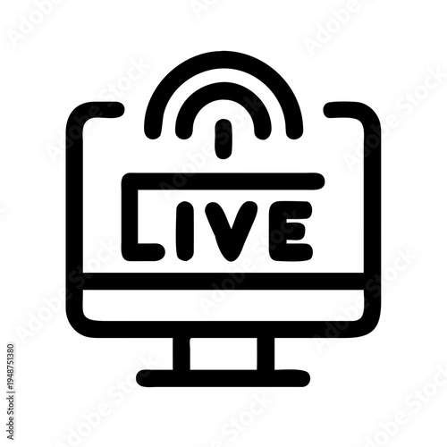 A digital computer screen icon featuring a live streaming signal symbol and the word live text