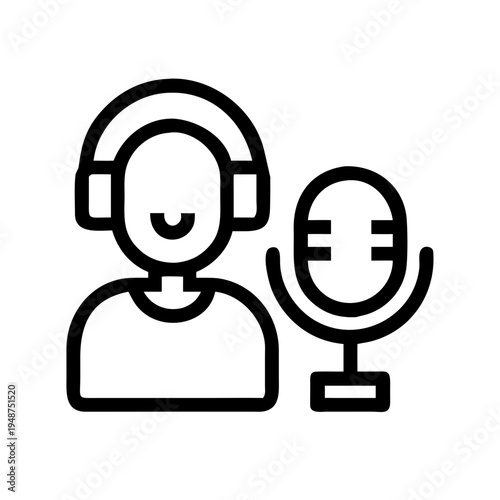 A minimalist linear icon depicting a person wearing headphones and standing next to a microphone