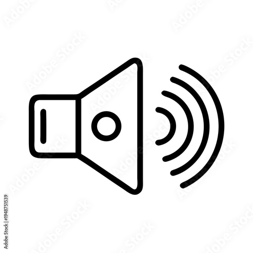 A black and white line art vector icon representing a speaker emitting sound waves for volume audio