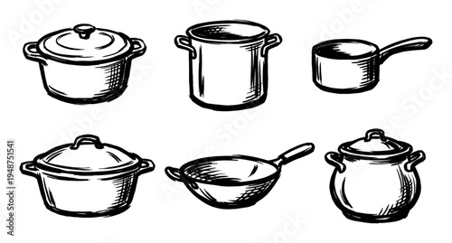 Collection of six hand-drawn sketch style cooking pots and pans with lids and handles, representing various kitchen utensils.