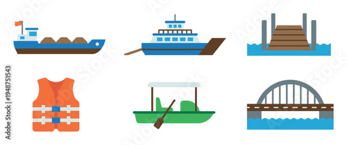 Collection of flat design icons depicting various water transportation elements, including ships, a dock, a life vest, a boat, and a bridge.