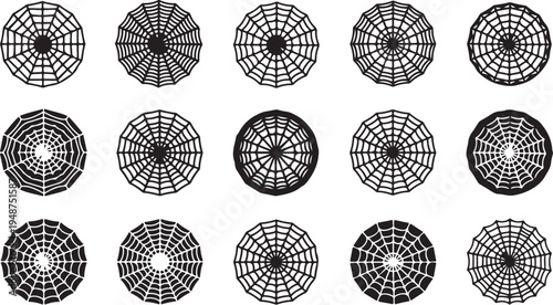 Collection of various black and white spider web designs