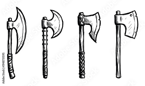 Four hand-drawn sketch style axes with different designs are arranged in a row, depicting various historical or fantasy weapon types.