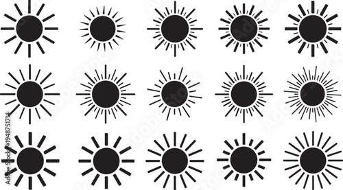 Collection of black sun symbols on white background