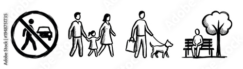 Collection of hand-drawn black and white icons depicting pedestrian safety, a family walking, a person walking a dog, and a person resting on a park bench.