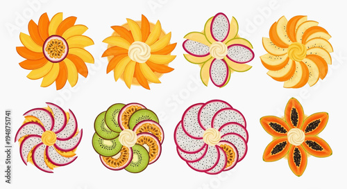 Vibrant colorful flowers and candy swirls arranged in a decorative graphic design on a white background with sweet treats
