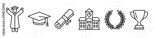 Set of graduation and academic achievement icons, including a graduate, cap, diploma, university building, laurel wreath, and trophy.