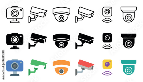 Comprehensive set of security camera icons displayed in various styles including outline, solid, and colorful designs for surveillance systems.