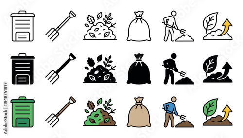 Comprehensive collection of icons illustrating various aspects of composting, gardening, and sustainable waste management practices.