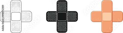 Adhesive bandage plaster icon set in outline black and skin color, medical first aid patch vector illustration collection isolated