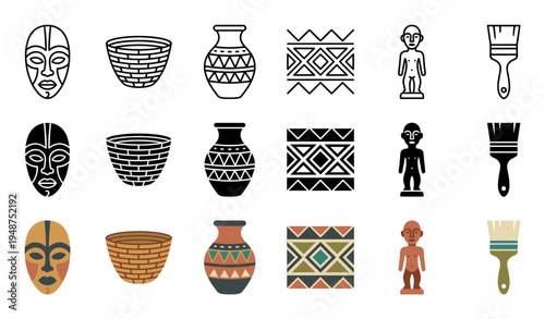 Diverse collection of African art and craft icons featuring tribal masks, patterned vases, baskets, and human statues in various styles.