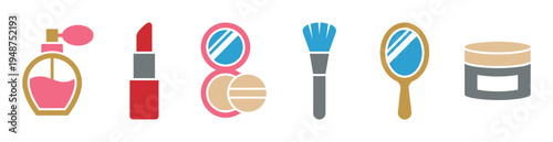 Collection of colorful beauty and cosmetic product icons including perfume, lipstick, compact powder, and a makeup brush.