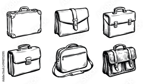 Collection of hand-drawn business briefcases and satchels, showcasing various styles of professional and vintage leather bags.