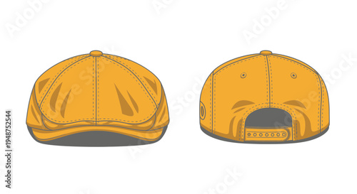 Mustard Yellow Streetwear Flat Cap Vector Mockup Front and Back View with Detailed Seam Lines