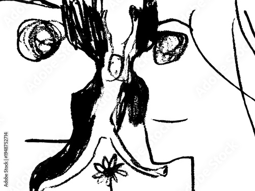 Pencil drawing of a man and woman in profile facing each other with a small person and a flower in the gap