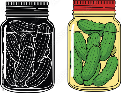 Pickled cucumbers in glass jar vector illustration set, homemade pickle food preservation concept with outline and colored styles