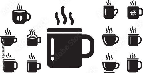 Collection of black coffee cup icons on white background
