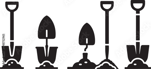 Four shovels in different positions on white background illustration