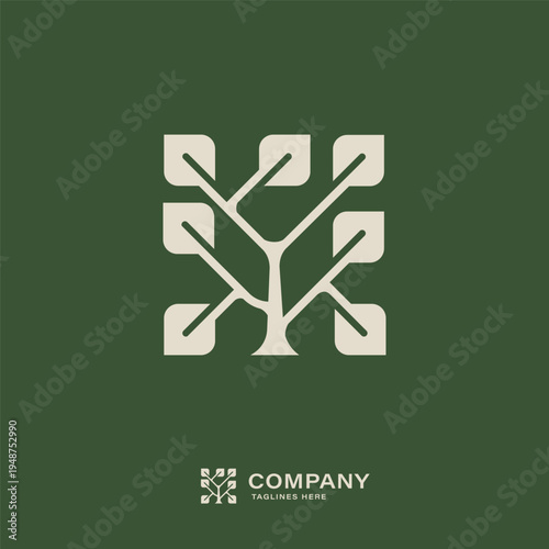 Minimal tree and leaf logo combining nature and technology in modern eco-friendly brand design.