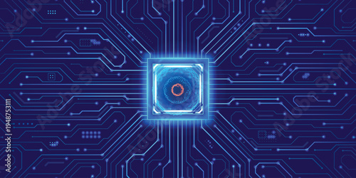 Neon Blue Microchip With Glowing Core On Circuit Board, Futuristic Technology Background For Quantum Computing, AI Processor And Data Networks