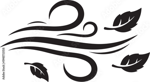 Black leaves and swirling lines on white background illustration