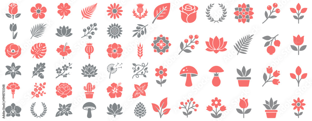 Naklejka premium Collection of various stylized coral and grey nature icons including flowers leaves plants berries mushrooms and pinecones Collection of various stylized coral and grey nature icons
