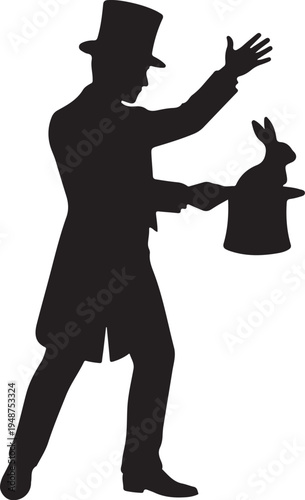 Silhouette of a Magician Performing a Magic Trick with a Rabbit