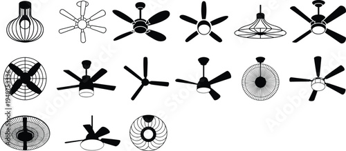 Ceiling fan and modern hanging lamp silhouettes collection, home ventilation and lighting equipment set vector illustration