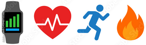 Icons representing a smartwatch with a bar graph a heart with a pulse line a running person and a flame symbolizing heat or calories EKG electrocardiogram runner fire burn
