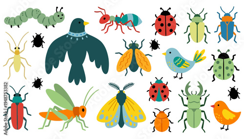 A collection of colorful cartoon insects including ladybugs beetles ants caterpillars grasshoppers flies moths and birds Insects bugs bird 175 characters fly animal nature