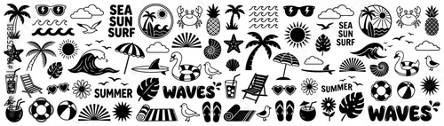 Collection of summer beach vacation icons including palm trees sunglasses waves seashells tropical drinks and beach accessories travel surf pineapple crab starfish beach chair