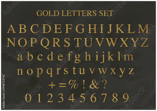 エレガントなゴールドのアルファベットと数字コレクションセット