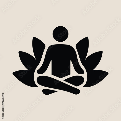 Simple black silhouette of a person meditating in a lotus position, centered against a backdrop of stylized black lotus petals on a light beige background in a serene vector illustration