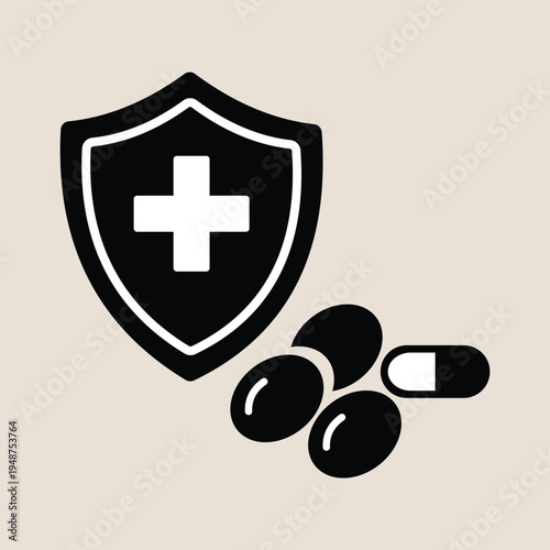 Black and white medical icon set featuring a shield with a cross symbol and a small cluster of pills and capsules next to it, all against a solid light beige background in a clean vector style