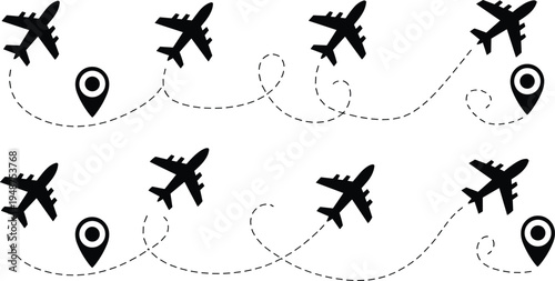 Airplane silhouettes with dotted flight paths and location pins showing travel routes, aviation journey navigation concept, tourism trip planning map illustration isolated on white