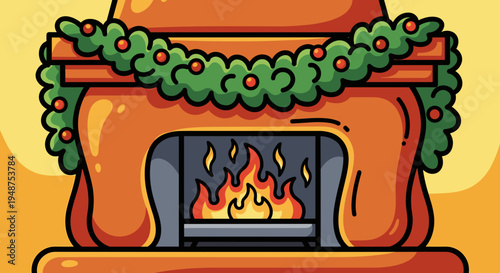 Illustration of a cozy fireplace adorned with a lush green garland, vibrant flames flickering, set against a warm yellow background
