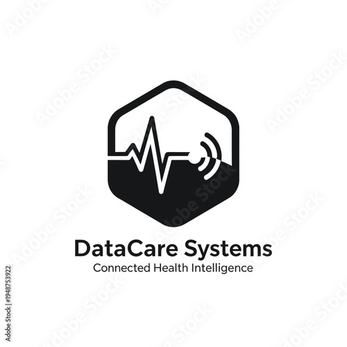 Hexagon with heart rate pulse and signal wave icon for digital health tech logo DataCare Systems