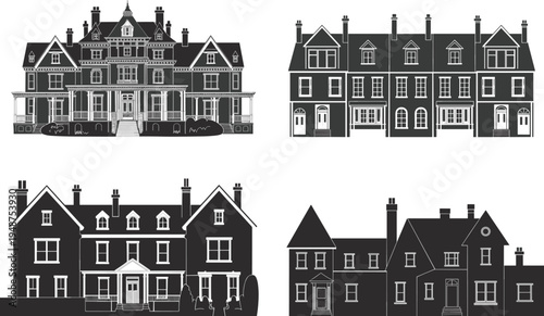 Classic residential houses silhouette set, Victorian and traditional architecture homes collection, suburban building exterior vector illustration bundle