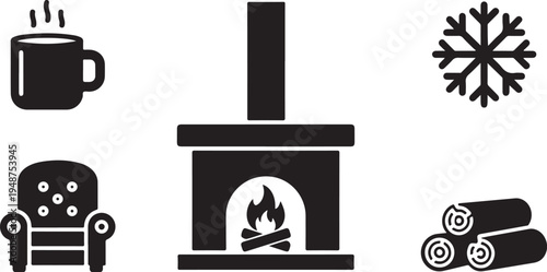 Cozy winter scene with fireplace and warm elements icons