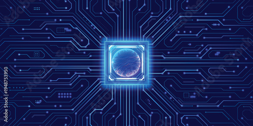 Futuristic Quantum Sphere Inside Glowing Microchip, Neon Blue Circuit Board Background For AI Technology, Data Science And Digital Innovation