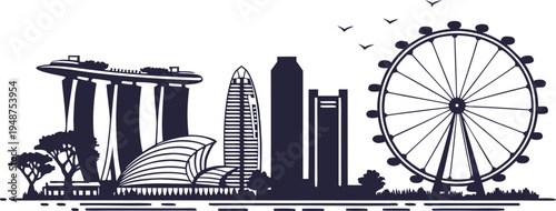 Singapore Modern Cityscape Black Silhouette with Iconic Architecture