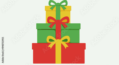 Colorful stack of wrapped gift boxes with bows in red, green, and yellow on a light background, creating a festive and cheerful atmosphere