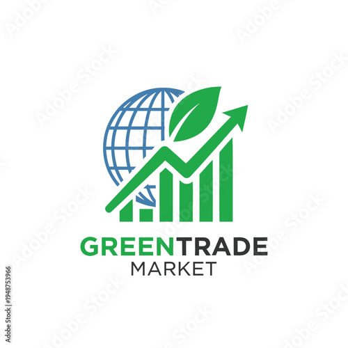 Globe with green leaf and growth bar chart icon for eco-friendly trading logo GreenTrade Market