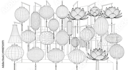 Intricate lantern festival display featuring diverse shapes and sizes in monochrome wireframe design, creating a harmonious and elegant arrangement