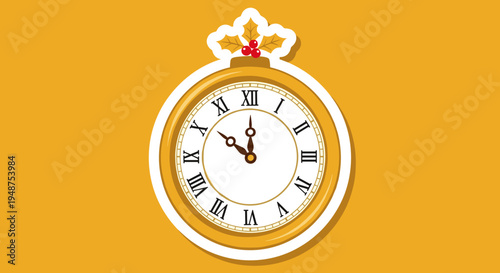 Elegant golden clock with intricate ornament design on vibrant yellow background, featuring Roman numerals and decorative accents