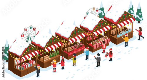 Festive Christmas market scene with colorful stalls adorned with snow and lights, showcasing holiday goods and gifts, surrounded by shoppers in winter attire