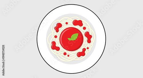 Minimalist illustration of spaghetti with tomato and sauce artfully arranged on a white plate with a single basil leaf, set against a simple gray background