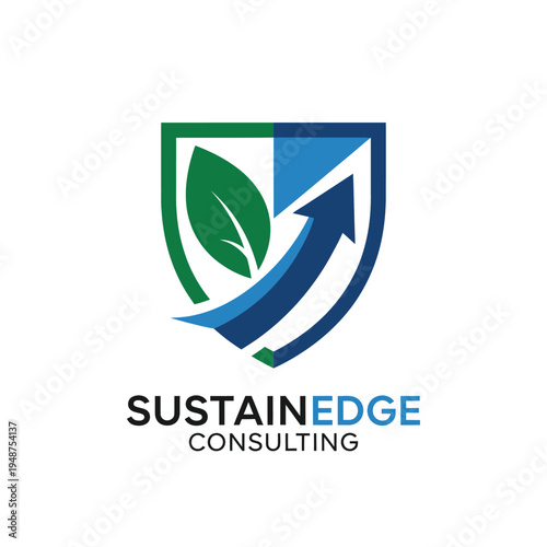 Shield with green leaf and growth arrow icon for sustainable business logo SustainEdge Consulting