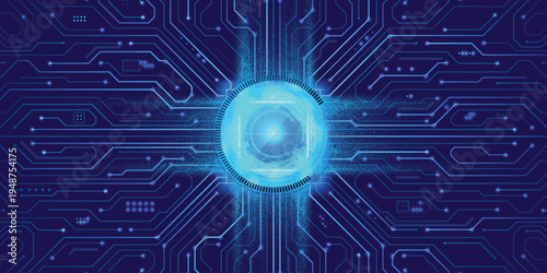 Glowing Quantum Energy Core In Futuristic Microchip, Neon Blue Circuit Board Background For AI Processor, Cyber Technology And Digital Innovation